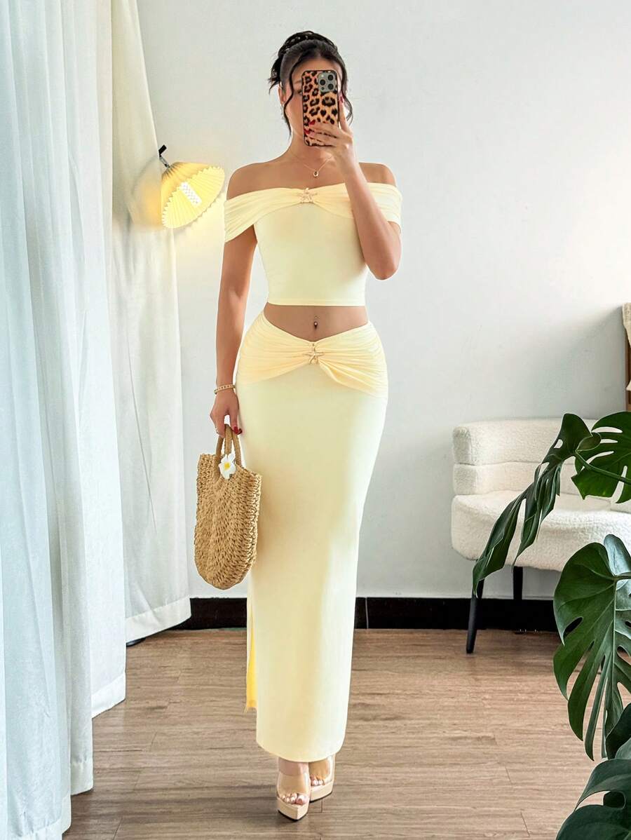 Rafferiza Women's Summer Solid Color Ruffle Off Shoulder Crop Top And Bodycon Midi Skirt 2-Piece Set, Fashionable - Yellow - View 1