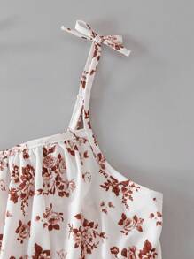 花卉印花荷叶边吊带短裙，蝴蝶结装饰，可调节肩带，蓝白配色，适合夏季少女穿着 - 棕色 - 查看 7
