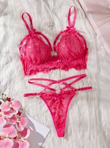 SHEIN Set de lenjerie intimă sexy cu 2 bucăți, model gene inimă, fără armatură, push-up - Roz fierbinte - Vizualizare 4