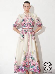 Aveloria Modichic 优雅复古别致女士浪漫度假奢华高端设计花卉印花领泡泡袖收腰修身 A 字裙 - 彩色 - 查看 1