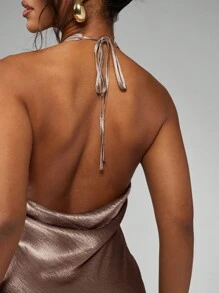MISSGUIDED Đầm ngắn bằng vải satin ánh kim, cổ yếm, hở lưng, thích hợp cho tiệc tùng, dạ hội, câu lạc bộ, các dịp đặc biệt và trang phục trang trọng. - Bụi hồng - Xem 5