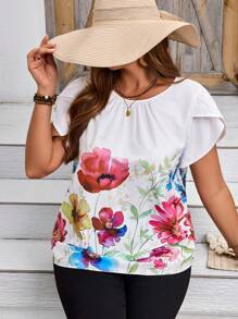 EMERY ROSE Blusa de mujer talla grande con estampado de flores posicionado, manga de capullo y cuello redondo, ideal para vacaciones de primavera y verano en la playa - Multicolor - Ver 6