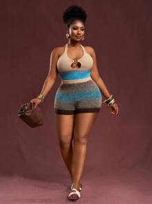 Veslaya 2 Pieces Set: 2025 Summer Beach Music Festival Gradient Plus Size Women Knit Hollow-Out Sexy Camisole And Shorts