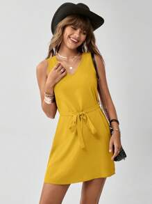 SHEIN LUNE Đầm Thắt lưng màu trơn Giải trí - Màu Mù tạt vàng - Xem 1