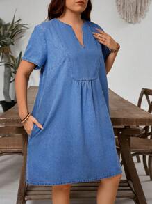EMERY ROSE Plus Size Women's Autumn V-Neck Short Sleeve Casual Elegant Denim Dress Vacation Formal Light Blue - Blue - View 4