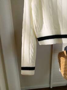 Franclia Color Block Trim Simple Embroidered Horse Head Polo Collar Long Sleeve Knit Sweater Knit Pullover Fall Winter