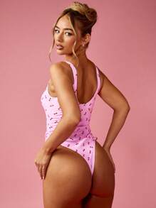MISSGUIDED Cherry Pattern Ruched One Piece Swimsuit High Cut Beach Vacation Swimming Pool Party Bathing Suit - Pink - View 2