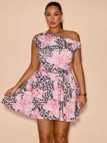 SHEIN BAE 大码女式豹纹花卉印花不对称领口不对称迷你连衣裙，春夏季，休闲，派对，婚礼伴娘礼服，优雅法式风格 - 粉色 - 查看 6