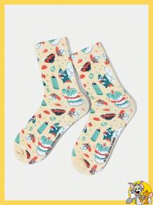 TOM & JERRY X SHEIN Cartoon Pattern Sprout Yellow Cake Kitchen Party Mid-Calf Socks - Yellow - View 1