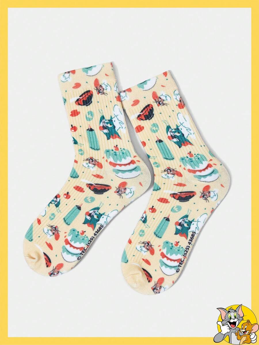 TOM & JERRY X SHEIN Cartoon Pattern Sprout Yellow Cake Kitchen Party Mid-Calf Socks - Yellow - View 1