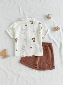SHEIN Vintaside Kids Baby Boys 2-Piece Set For Summer, Includes Cute Cartoon Bear Print Collared Short Sleeve Cardigan Top And Matching Solid Color Shorts, Adorable And Fun Outfit For Casual Outings, Homewear, Sports Activities, And Parties - Multicolor - View 2