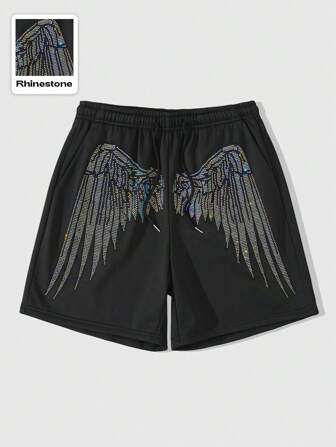 Goth Herren funkelnde Diamant- und Federdruck Loose Shorts