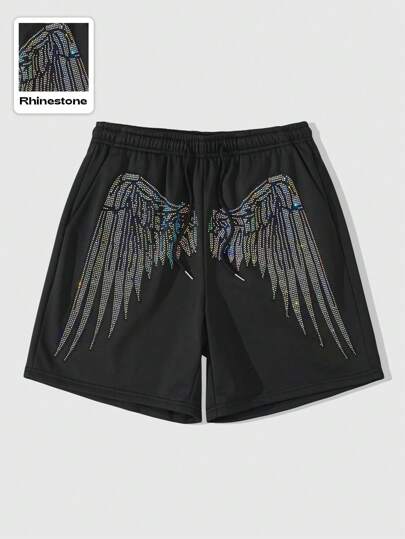 Goth Men's Sparkly Diamond & Feather Print Loose Shorts