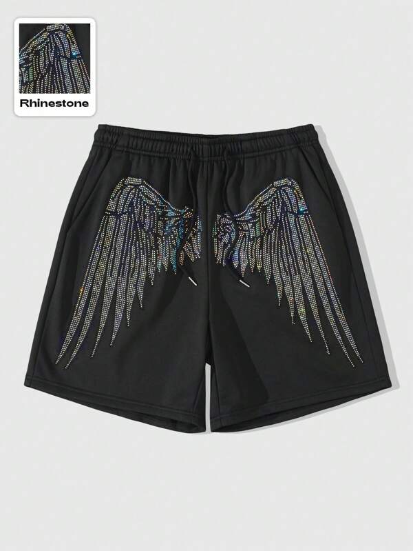 ROMWE MEN Street Life Men's Sparkly Diamond & Feather Print Loose Shorts