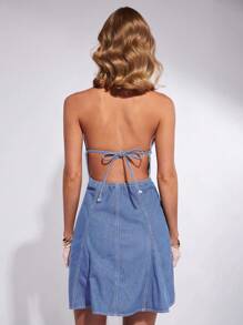 COSMINA Women's Backless Halter Tie-Up Denim Dress - Blue - View 6