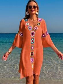 Swim Lushoire Women V-Neck 3/4 Sleeve Crocheted Floral Loose Casual Side Split Dress & Coverup, Random Color For Summer Beach Vacation - Orange - View 4