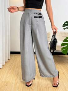 Modelyn Women's Double-Breasted Design Straight-Leg Wide Leg Pants, Spring/Summer - Dark Grey - View 4