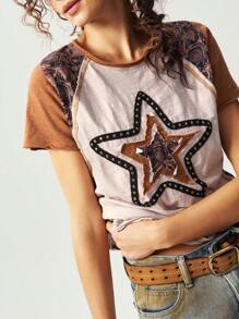 Bohemela 大码女式休闲圆领星星贴片短袖T恤，夏季 - 彩色 - 查看 4