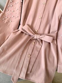 Modelyn Women's Faux Pearl Decor Long Sleeve Single-Breasted Arabian Style Blouse