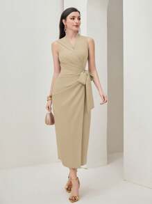 Modelyn Solid Wrap Knot Side Dress Long Evening Dresses - Apricot - View 3