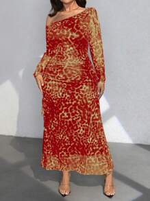 SHEIN Clasi Plus Size Summer Fashion Asymmetrical Neck Leopard Print Dress Fall Cloth For Women - Orange - View 3