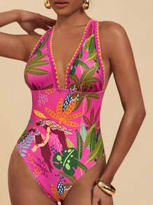 Travachic 女士热带植物印花低胸连体泳衣