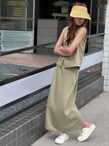 DAZY 2pcs/Set Teens Girls V-Neck Sleeveless Top And A-Line Skirt Set, Summer,Back To School Clothes