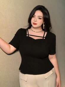 Dazy Plus Solid Color Short Sleeve Asymmetrical Collar Black T-Shirt, Summer