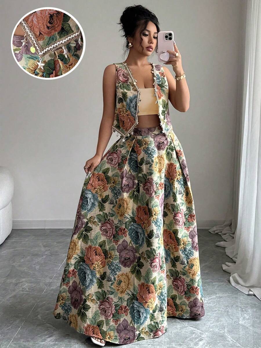 Elenzga 2pcs/Set Women Standard-Sized Shell Trim Open Front Top + Embroidered Multi-Color Skirt - Multicolor - View 1
