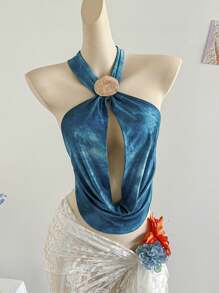 Soleia 沙滩可爱夏日上衣 度假沙滩度假 女士夏季性感露背吊带背心 - 水鴨藍 - 查看 1