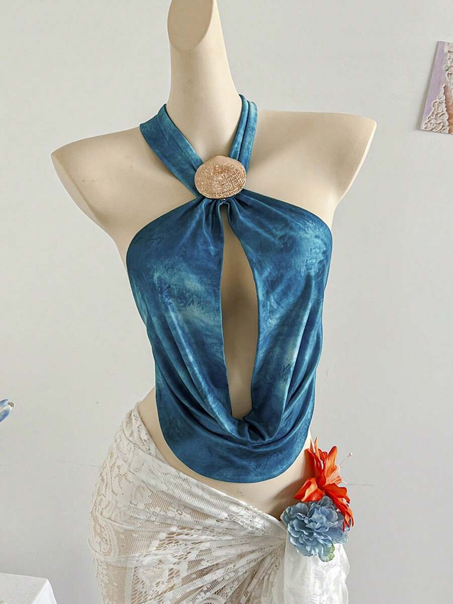 Soleia 沙滩可爱夏日上衣 度假沙滩度假 女士夏季性感露背吊带背心 - 水鴨藍 - 查看 1