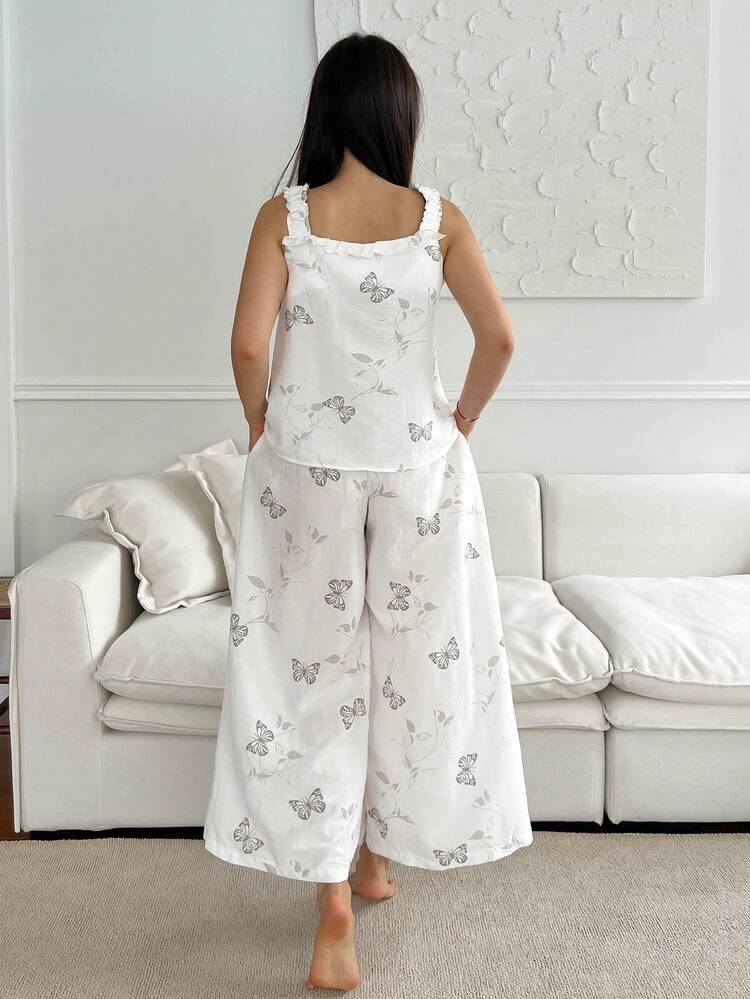 2pcs/Set Women Butterfly & Leaf Allover Print Sleeveless Loose Tank Top & Cropped Pants Pajamas Set,Back To School Clothes