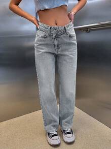 EURMUSE 100% Cotton HIGH RISE ASYMMETRIC BELT STRAIGHT CUT JEAN - Light Grey - View 4