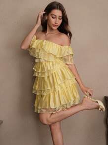 SHEIN Unity Đầm ngắn hở vai cổ xếp nếp ren chắp vá nhún bèo eo đuôi cá thời trang xuân/hè cho nữ - Màu vàng - Xem 5