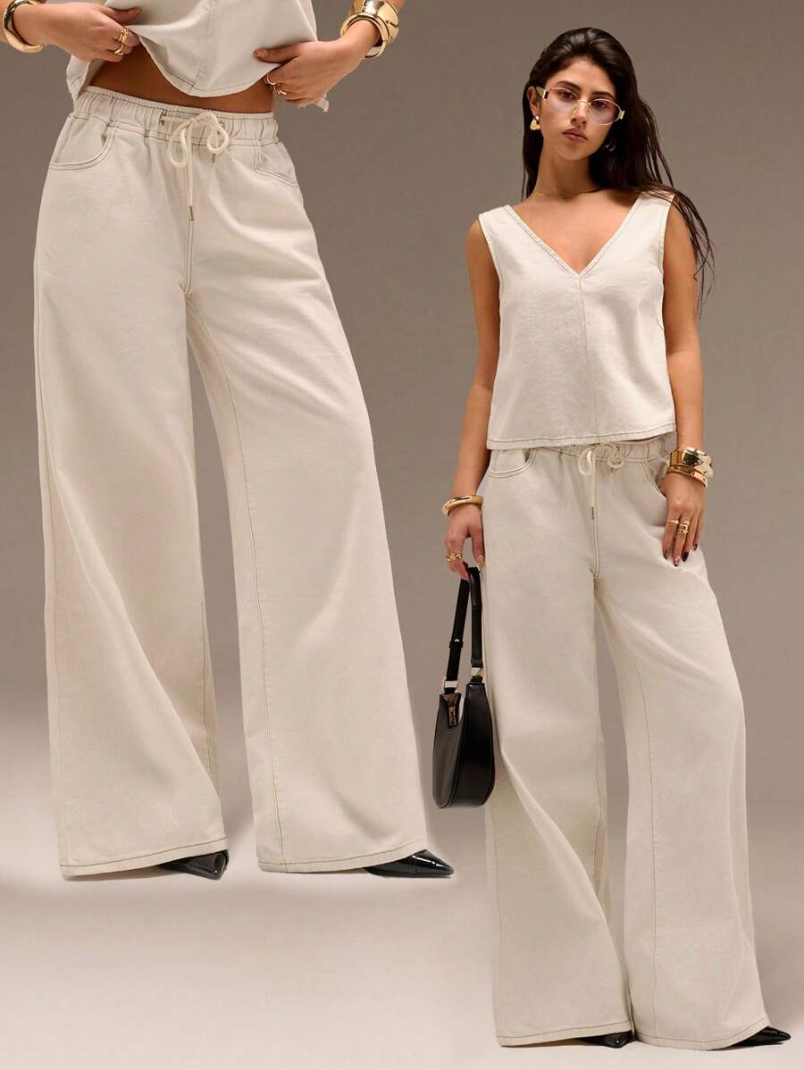 Avantive Off-White Summer Casual Everyday Women's Baggy Wide Leg Jeans,90s Y2k Vintage Low Rise Streetwear,Western Business Wear,Cowgirl Fairy Style Pants - White - View 1