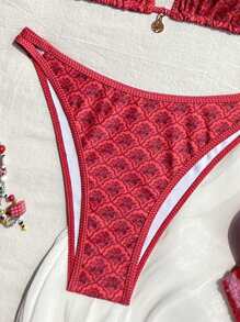 Swim Mod 2pcs/Set Women's New Adjustable Shoulder Strap Red Ditsy Floral Gold Disc Decor Sexy High Cut Side Vacation Bikini Set Set, Spring/Summer 2026