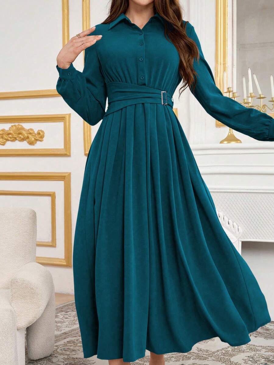 Modelyn 简约前扣系带领长袖端庄连衣裙长款晚礼服 - 水鴨藍 - 查看 1