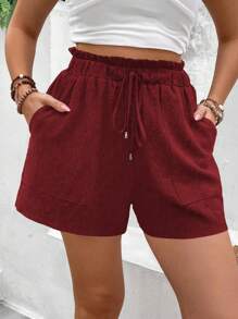EMERY ROSE Pantalones cortos de mujer talla grande con bolsillos, cintura con lazo y volantes en el borde - Rosa Roja - Ver 5