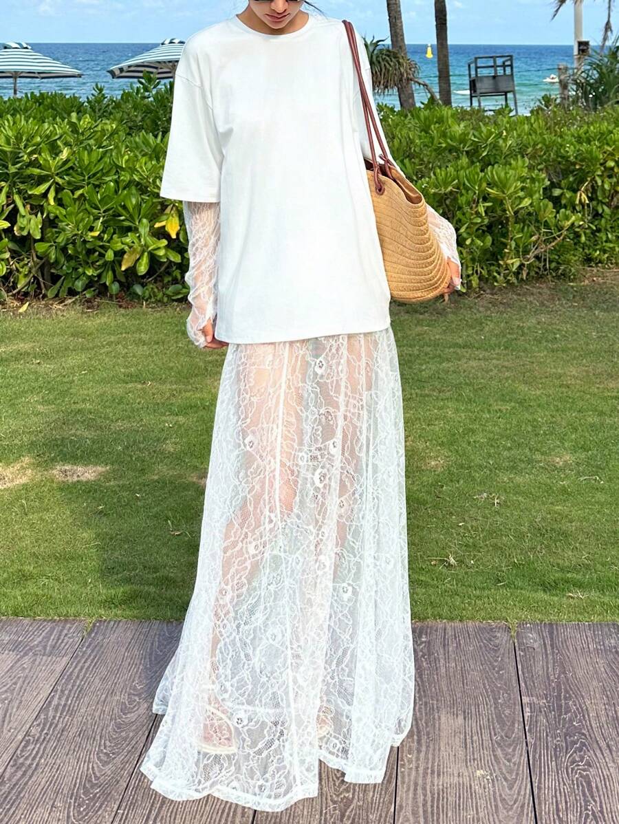 INAWLY Váy ren vải tuyn dài thời trang nữ - trắng - Xem 1