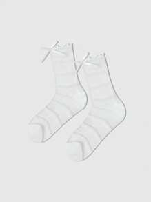 ROMWE Fairycore 4 双女士黑色蝴蝶蕾丝边真丝中筒袜，四季皆宜 - 黑與白 - 查看 3