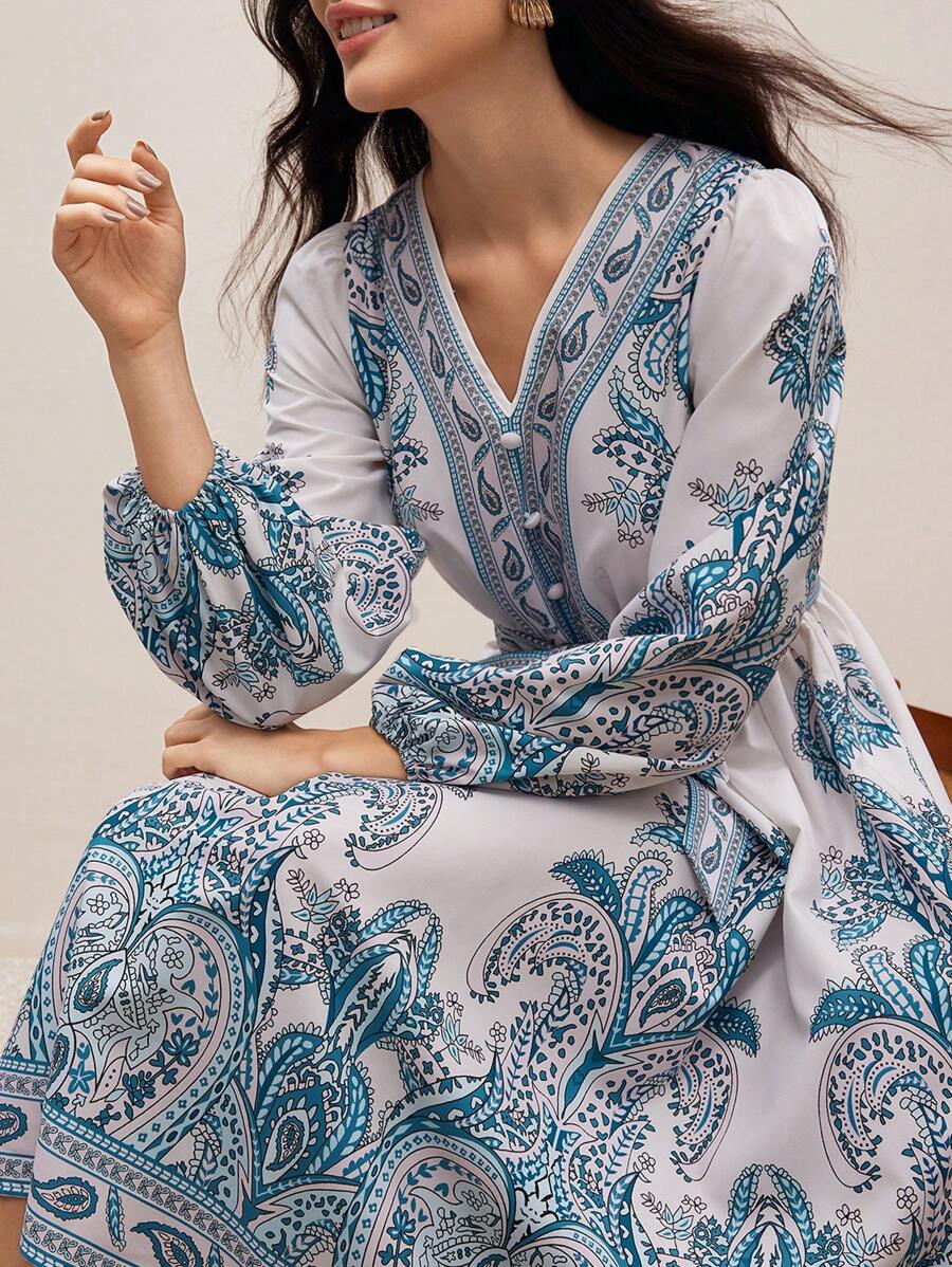 Modelyn 女士度假印花腰部修身喇叭中长连衣裙 - 彩色 - 查看 1