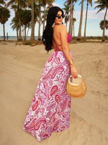 SHEIN SXY 女式夏季假日无袖蕾丝胸前装饰镂空圆圈露背佩斯利图案高开衩连衣裙