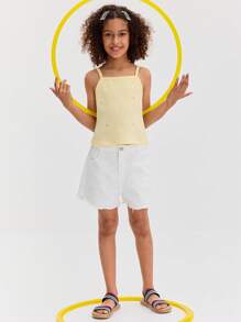 SHEIN Tween Girls' Cute Yellow Daisy Print Spaghetti Strap Ribbed Crop Top For Summer - Yellow - View 1