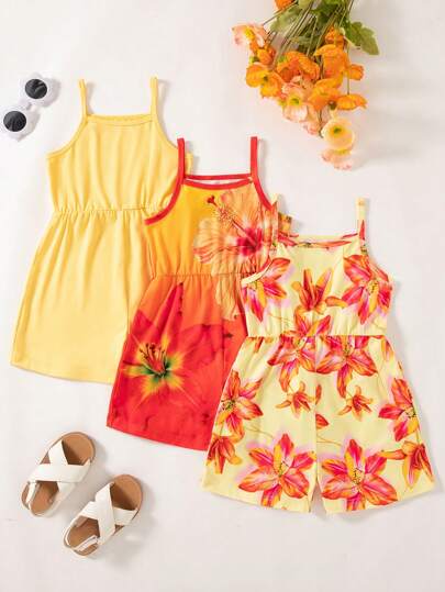 3pcs/Set Young Girl Summer Floral Allover Print Romper, Minimalist Versatile Holiday Style, Beach Essentials, School, Campus, College
