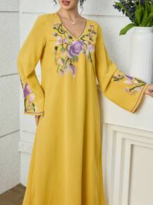 Al Najma 女士花卉刺绣V领宽松阿拉伯风格长袖连衣裙 - 黃色 - 查看 6