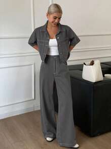 DAZY 2pcs Women Denim Shirt And Long Denim Pants Set, Spring/Summer,Back To School Clothes - Dark Grey - View 6