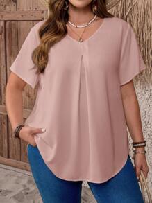 EMERY ROSE 加大码 V 领褶饰夏季短袖休闲纯色上衣，乡村休闲度假风，简约时尚，适合日常穿着，适合送给母亲、波西米亚、春假、狂欢、乡村、老师的礼物