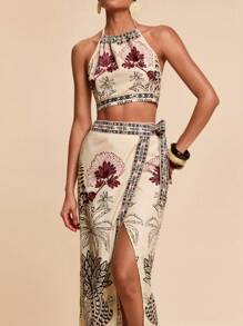 Travachic Woven Fabric Two-Piece Outfit With Crop Halter Top And Arm Sleeves In Striped Design Boho Two Piece Set Two Piece Skirt Set Festival Two Piece Outfit 2 Piece Party Outfits
