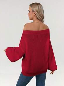 SHEIN LUNE 圣诞节女装 1 件女式露肩灯笼袖保暖毛衣，秋冬季圣诞毛衣，适合圣诞派对，长袖上衣 - 酒紅色 - 查看 5