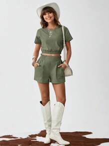 SHEIN LUNE 2 件套休闲水洗绉棉透气短款修身衬衫 + 裙子套装女士 - 軍綠色 - 查看 2